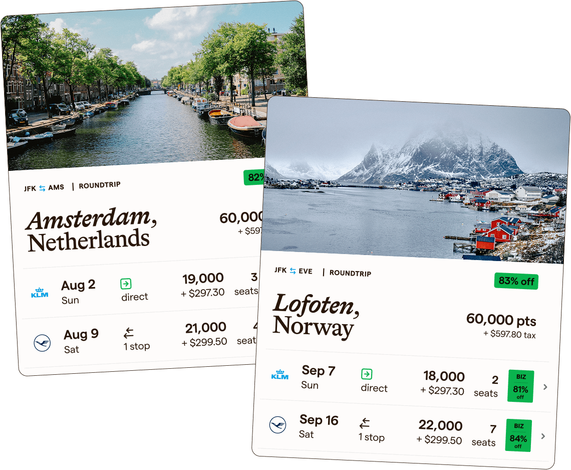 Example flight deals from Pointhound