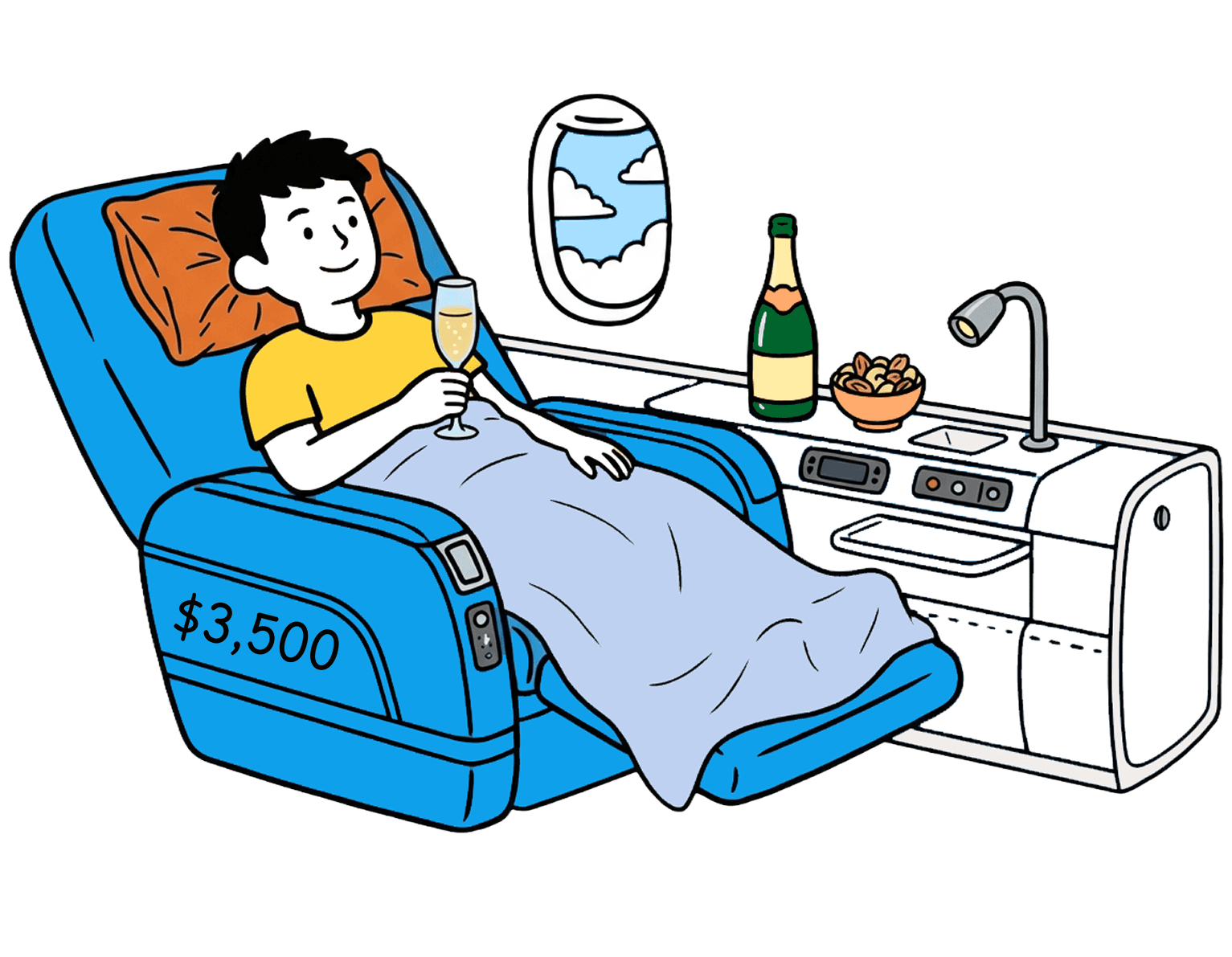 Business class seat with champagne